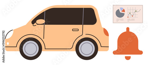 Automotive safety, notifications, data analysis, vehicle monitoring, transportation alerts, performance tracking. an orange car, notification bell and data chart. Automotive safety and notifications