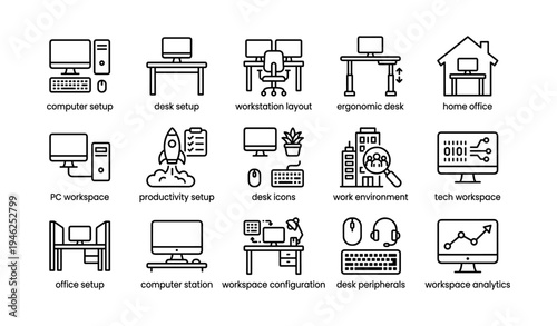 Workspace icons: computer setup, desk layouts, tech workstations, ergonomic designs, office environments