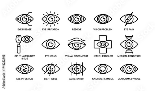 Eye-related issues icons illustrating various medical conditions