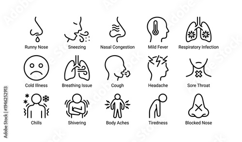 Cold and flu symptoms icons: runny nose, sneezing, fever, headache, cough