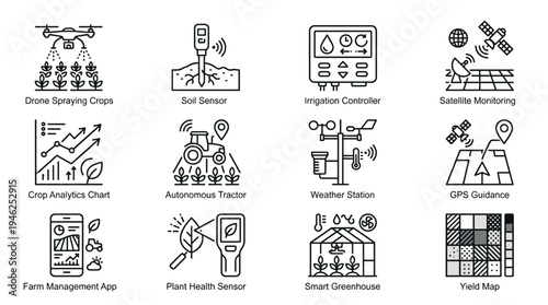 Comprehensive collection of smart agriculture and precision farming technology icons depicting modern tools for efficient crop management and sustainable food production