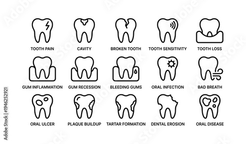 Tooth icon set illustrating dental issues and oral health
