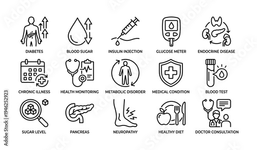 Medical icons representing diabetes and related health conditions