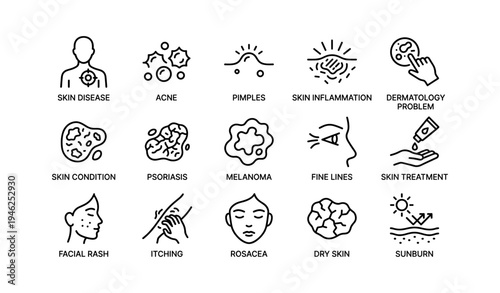 Illustrated icons of common skin conditions and dermatology issues