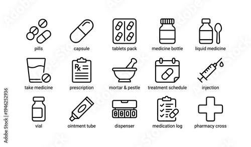 Medical icons set featuring pills capsules bottles and healthcare tools