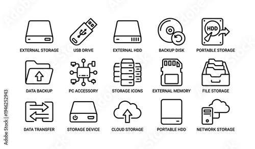 Various storage icons including usb drives, external hdd, and cloud storage