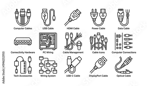 Tech icons: usb, hdmi, power, data cables and connectivity systems