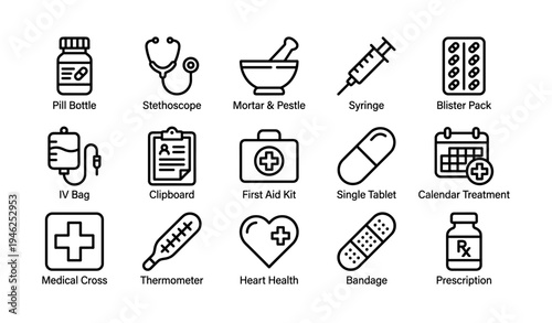 Healthcare icons: medicines, medical tools, and health symbols in line art