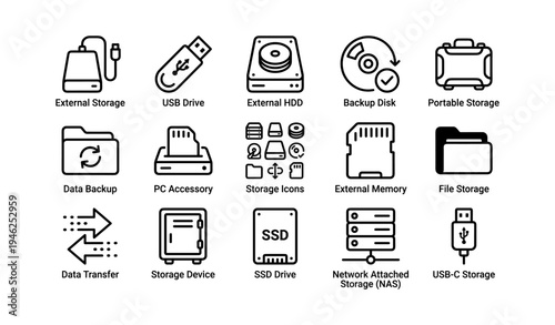 External storage icons: usb, hdd, backup disk, portable storage, data transfer