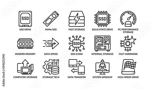Ssd and storage icons: fast, solid state, nvme, system speedup