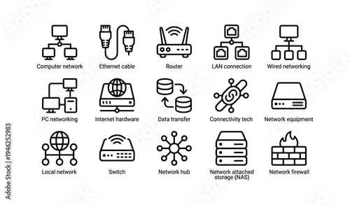 Network devices and connections: router, ethernet, lan, switch, nas icons