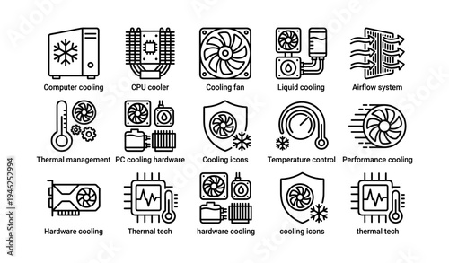 Computer cooling icons: fans, liquid systems, thermal tech, airflow management
