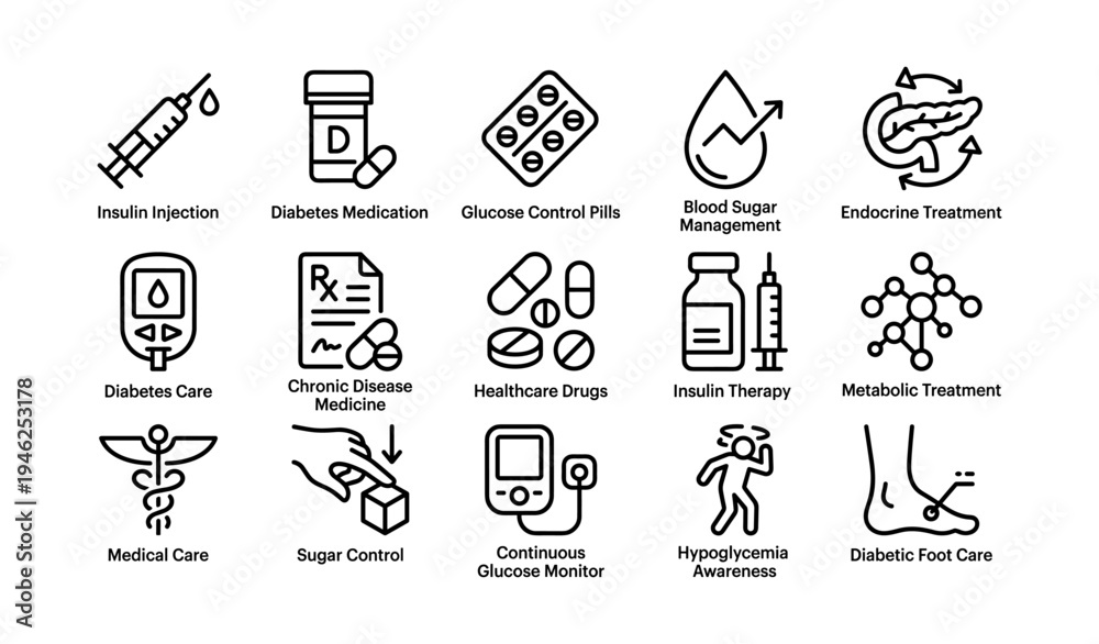 Fototapeta premium Diabetes care icons: treatment, medication, monitoring, management, therapy