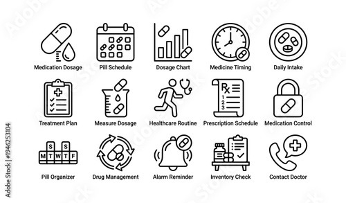 Medication management icons for dosage and schedule planning