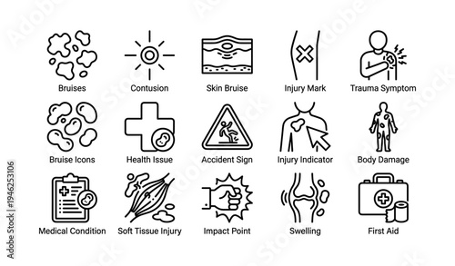 Injury and health icons set illustrating common symptoms and first aid
