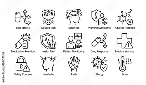 Health warning icons representing medical symptoms and reactions