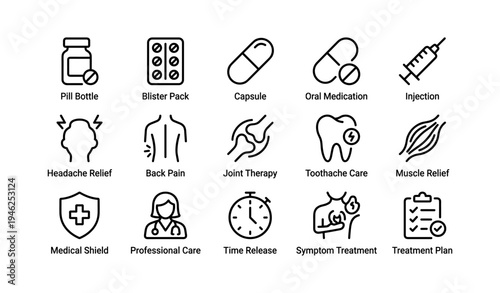 Medical icons set: pills, injection, pain relief, healthcare symbols