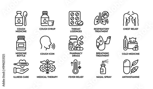 Medical treatment icons for cold and flu relief
