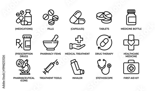 Healthcare medicine and pharmacy icons set including pills, capsules, inhaler, first aid, and medical tools