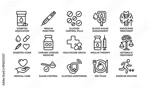 Diabetes icons: medication, insulin, glucose control, blood sugar, healthcare