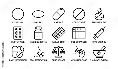 Various medication forms and pharmacy symbols