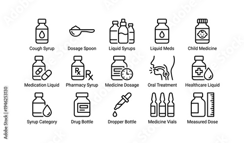 Medicine icon set: liquid medications, dosage tools, healthcare syrups