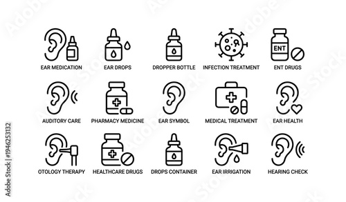 Ear health icons: medication, infection treatment, auditory care, ent drugs, medical symbols