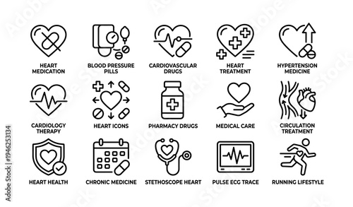 Medical icons for heart health and treatment concepts in line art