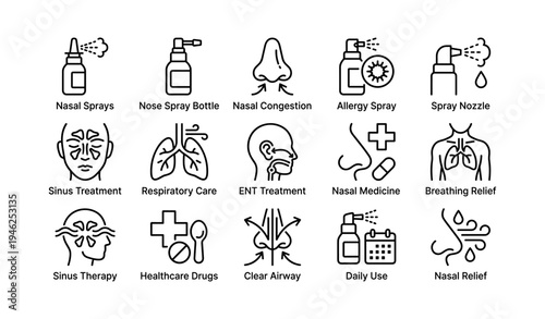 Medical icons for nasal treatment and respiratory care with sinus and allergy relief