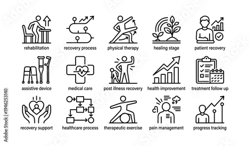 Medical rehabilitation and recovery process icons for patient health improvement and therapy