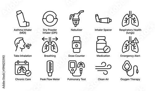 Respiratory health icons: inhaler, nebulizer, pulmonary test, emergency alert, medication