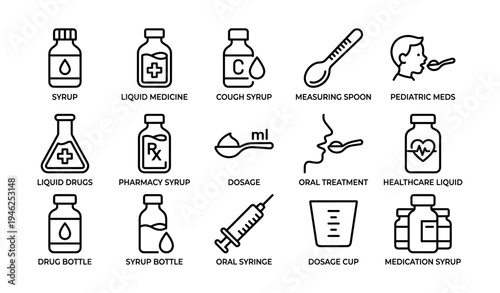 Medicinal syrup and liquid medicine icons for healthcare and pharmacy