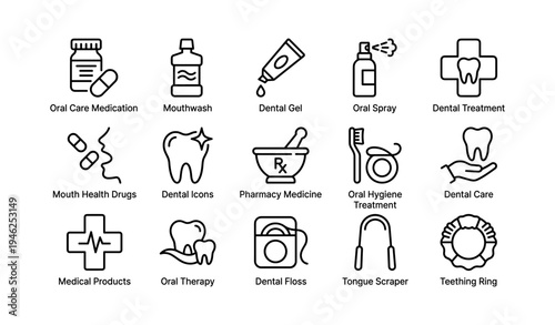 Dental care icons collection: oral health tools and medical products