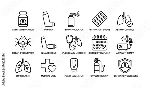 Asthma and respiratory treatment icons: medication inhaler bronchodilator pulmonary care