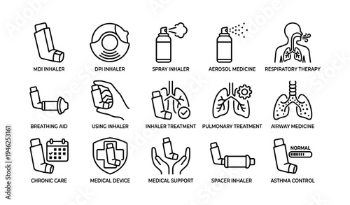 Inhaler and respiratory therapy icons set for medical use