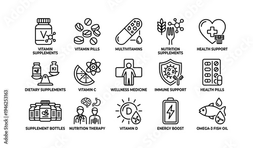Health and wellness icons: supplements, nutrition, immune support, and wellness medicine