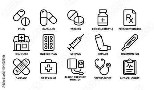Medical icons set: pills, syringe, stethoscope, medicine bottle, prescription