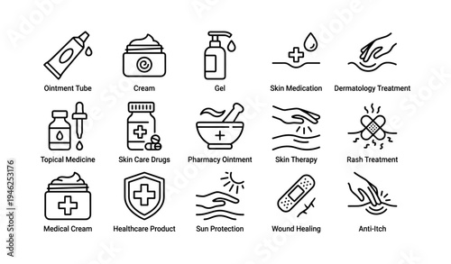 Medical and skincare icons featuring ointment tube, cream, gel, and dermatology treatments