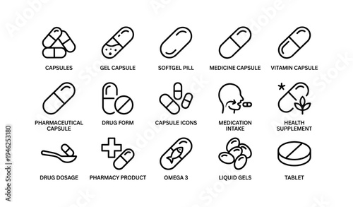 Capsule icons set: pharmaceuticals, supplements, drug forms, medication intake