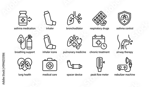 Asthma related medical icons for treatment and health monitoring