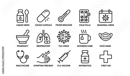 Medical icons representing flu prevention and healthcare essentials