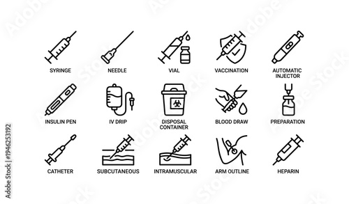 Medical equipment icons: syringe, needle, vial, insulin pen, iv drip, disposal, preparation