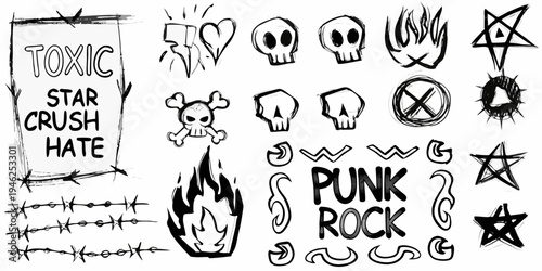 A collection of hand drawn punk rock and gothic themed doodles