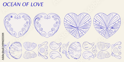 Blue line art illustration featuring hearts and seashell motifs