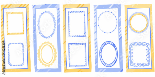 Hand drawn frames and borders in blue and yellow tones arranged vertically