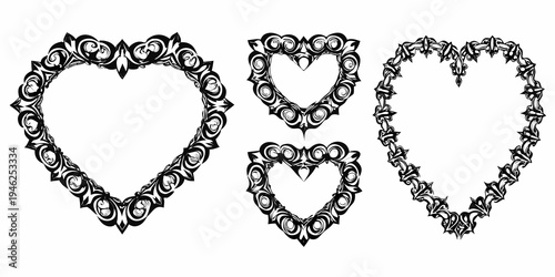 Four ornate heart shaped frames in a black and white illustration