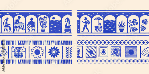 Stylized blue and white illustration depicting people and decorative motifs