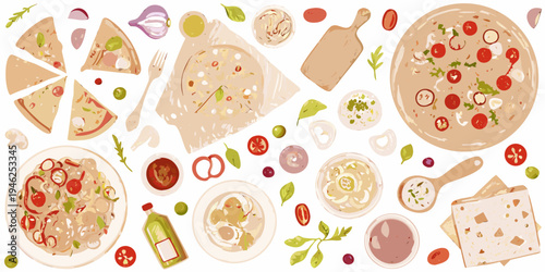 A colorful flat lay of various italian foods and ingredients