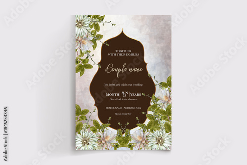 WEDDING INVITATION FRAME WITH FLOWER DECORATIONS AND FRESH LEAVES