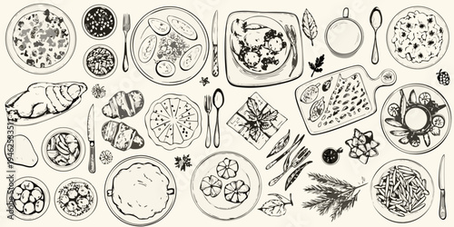 Aesthetic flat lay illustration of various foods and culinary tools